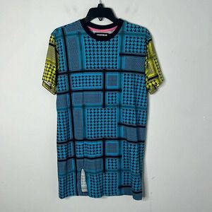 House of Holland Cotton Blue & Yellow Square Printed T-shirt Mini Dress